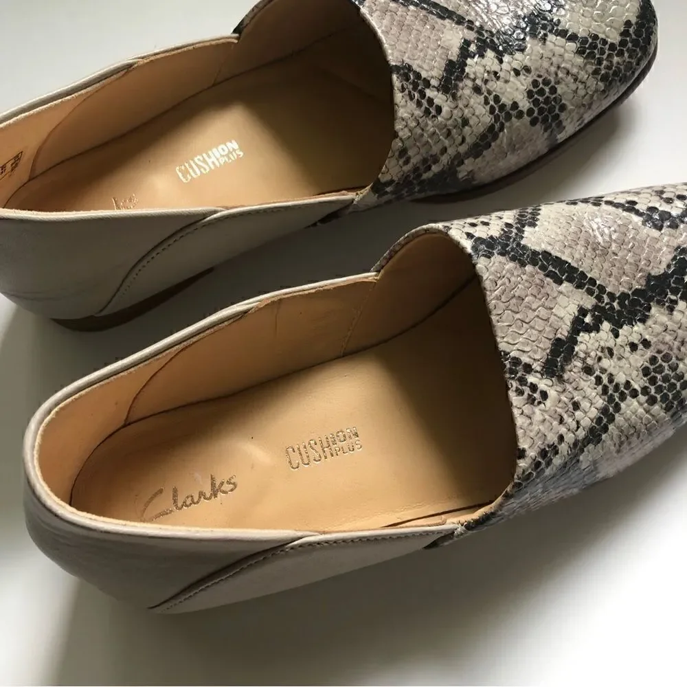 Clarks Cuchion Plus snakeskin leather slip on flats woman’s size 6.5 NWT